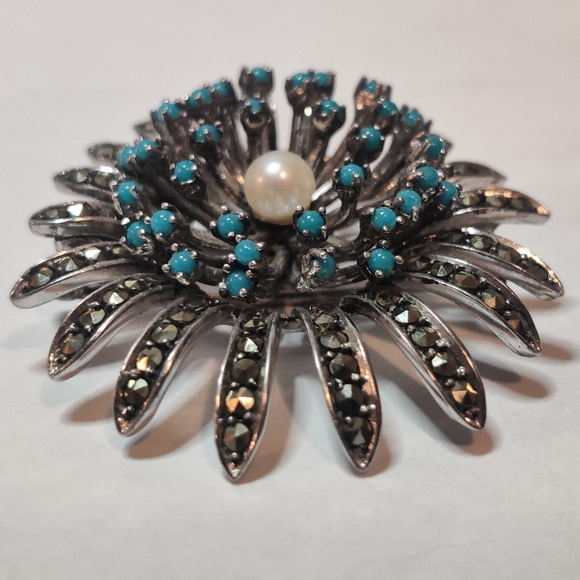 Vintage 60s Germany Silver 935 Chrysanthemum Flower Marcasite Brooch - Picture 12 of 16